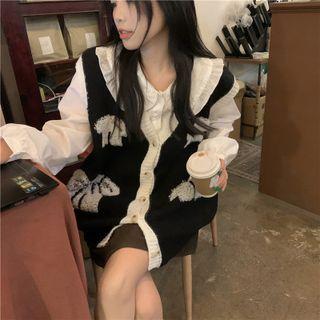 Bow Print Button-up Sweater Vest / Plain Blouse