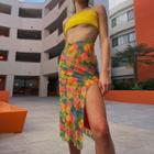 High-waist Floral Print Side-slit Midi A-line Skirt