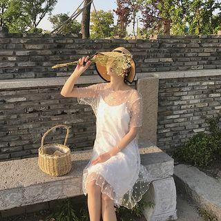 Set: Plain Slipdress + Mesh Short Sleeve Midi Dress