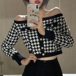 Cold Shoulder Houndstooth Sweater Houndstooth - Black & White - One Size