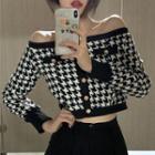 Cold Shoulder Houndstooth Sweater Houndstooth - Black & White - One Size