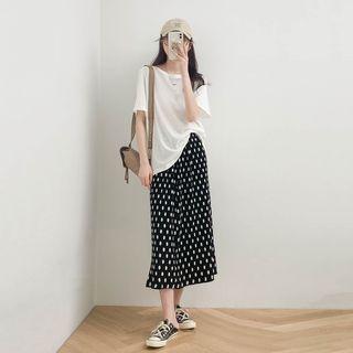 Round-neck Plain Oversize Top / High-waist Dotted A-line Skirt