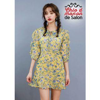 Tie-neck 3/4-sleeve Floral Chiffon Dress