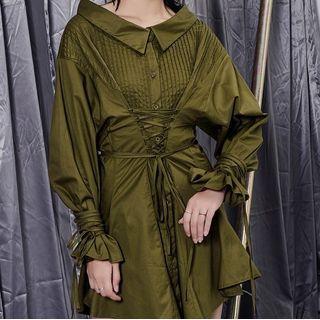 Long-sleeve Lace Up Mini A-line Shirt Dress