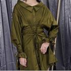 Long-sleeve Lace Up Mini A-line Shirt Dress