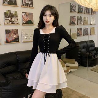 Mock Two-piece Long-sleeve Lace-up Mini A-line Dress