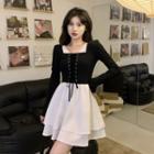 Mock Two-piece Long-sleeve Lace-up Mini A-line Dress