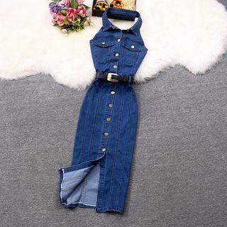 Halter Denim Midi Sheath Dress