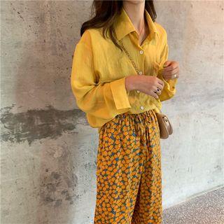 Pocket-front Long-sleeve Shirt / Print Wide-leg Pants