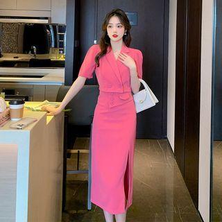 Set: Short-sleeve Double-breasted Cropped Blazer + Slit Midi Pencil Skirt
