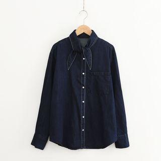 Open-front Loose-fit Collared Plain Denim Blouse