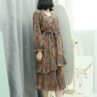 Patterned V-neck Ruffle-trim Layered Dress With Sash