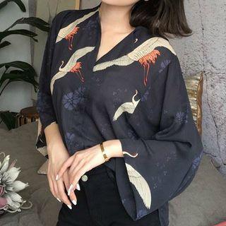 Crane Print 3/4 Sleeve Split Neck Shirt