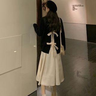 Set : Back Back Bow Sweater + Plain Spaghetti-strap Dress