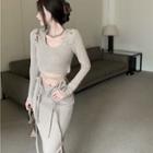 Plain Lace-up Top / High-waist Plain Knit Skirt