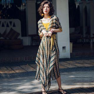 Set: Elbow-sleeve Patterned Maxi Chiffon Dress + Slipdress