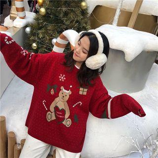 Christmas Bear Printed Sweater Red - One Size
