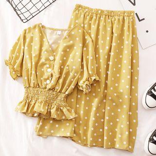 Set: Dotted Short-sleeve Peplum Top + Midi A-line Skirt