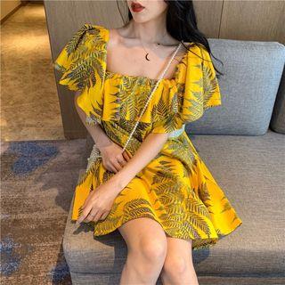 Leaf Print Off-shoulder 3/4-sleeve Dress