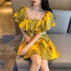 Leaf Print Off-shoulder 3/4-sleeve Dress