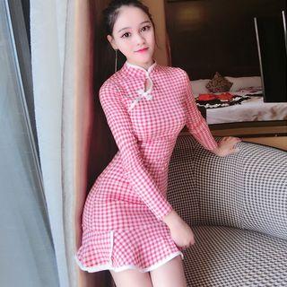 Plaid Long-sleeve Sheath Mini Dress