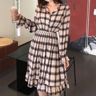 Half-placket Plaid Dress