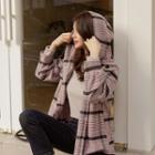 Hooded Flap Plaid Shirt Jacket Pink - One Size