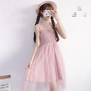 Plaid Wide-strap Mesh Overlay A-line Dress