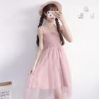 Plaid Wide-strap Mesh Overlay A-line Dress