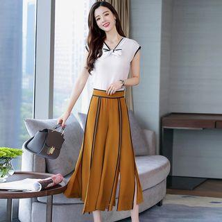 Set: Tie-neck Blouse + Wide-leg Pants