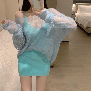 See-through Top / Spaghetti Strap Knit Mini Dress