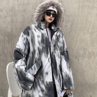 Fluffy Trim Hooded Tie-dyed Jacket