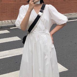Puff-sleeve V-neck A-line Midi Dress White - One Size