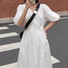 Puff-sleeve V-neck A-line Midi Dress White - One Size