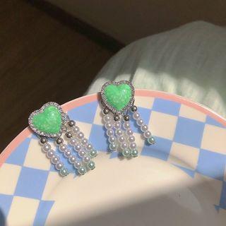 Heart Faux Pearl Fringed Earring 1 Pair - Silver Stud - Green - One Size