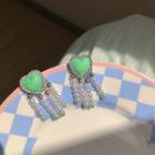 Heart Faux Pearl Fringed Earring 1 Pair - Silver Stud - Green - One Size