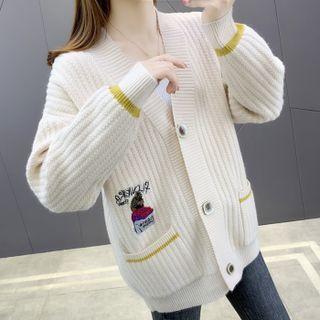Long-sleeve V-neck Pocket Embroidered Pattern Knit Sweater Cardigan