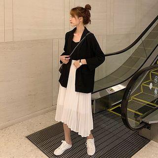 Button Blazer / Sleeveless Midi Pleated Dress