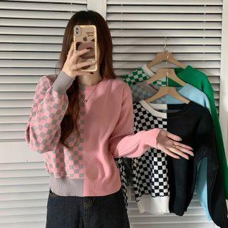 Round-neck Plaid Panel Plain Knit Top