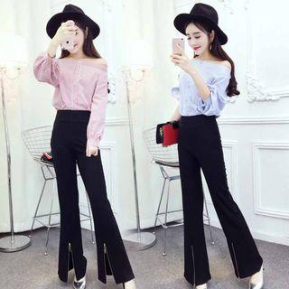 Set: Off-shoulder Striped Blouse + Zip Hem Pants