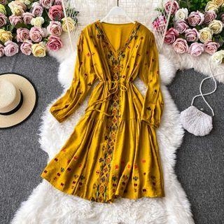 V-neck Bohemian Embroidered Long-sleeve Dress