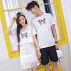 Couple Matching Cat Print Short Sleeve T-shirt / Fringe Hem Short Sleeve Dress