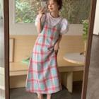 Puff-sleeve Blouse / Spaghetti Strap Plaid Midi A-line Dress