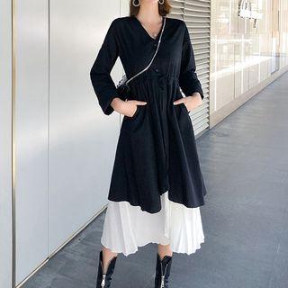 Set: Spaghetti Strap Midi A-line Dress + Long-sleeve V-neck A-line Dress