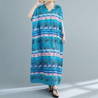 Sleeveless Floral Maxi A-line Dress Stripes Blue - One Size