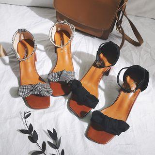 Plaid Bow Block Heel Sandals