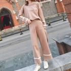 Set: Contrast Trim Sweater + Wide Leg Knit Pants