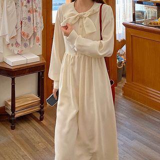 Long-sleeve Tie-neck Midi A-line Dress / Blouse