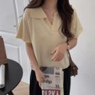 Short-sleeve Collared Knit Top Almond - One Size