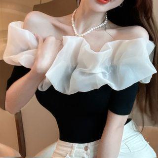 Off-shoulder Shirred Blouse Black - One Size